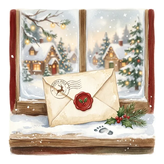 An envelope with a red wax seal on a snowy windowsill