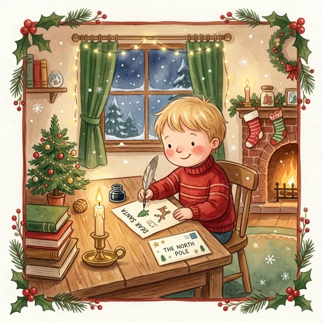 A child writing a letter to Santa by candlelight